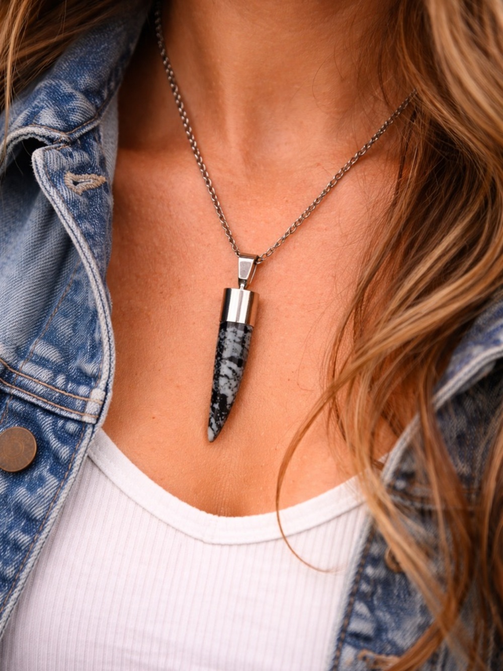 Henna Snowflake Obsidian Tooth Pendant Necklace Silver Tone New On Card